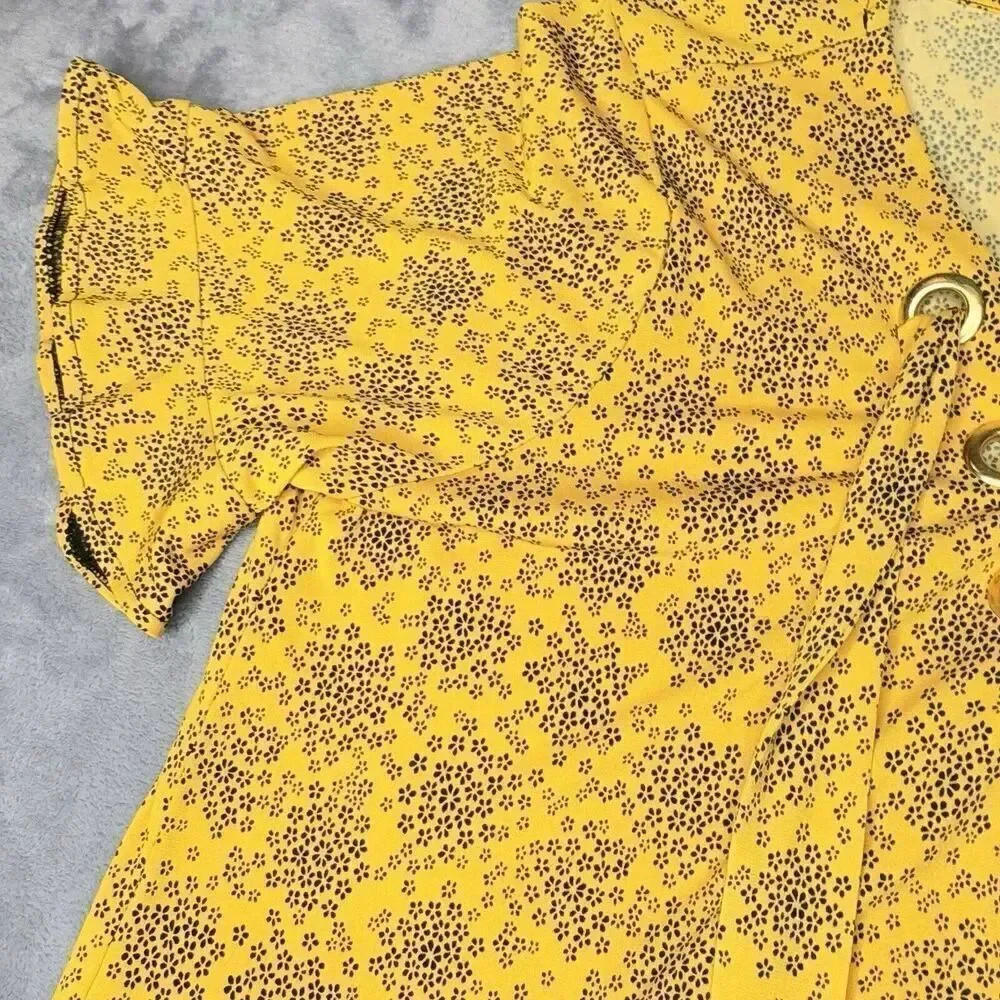 Michael Kors Sz M Floral Tie Flare Sleeve Popover Tunic Blouse Shirt Gold HW